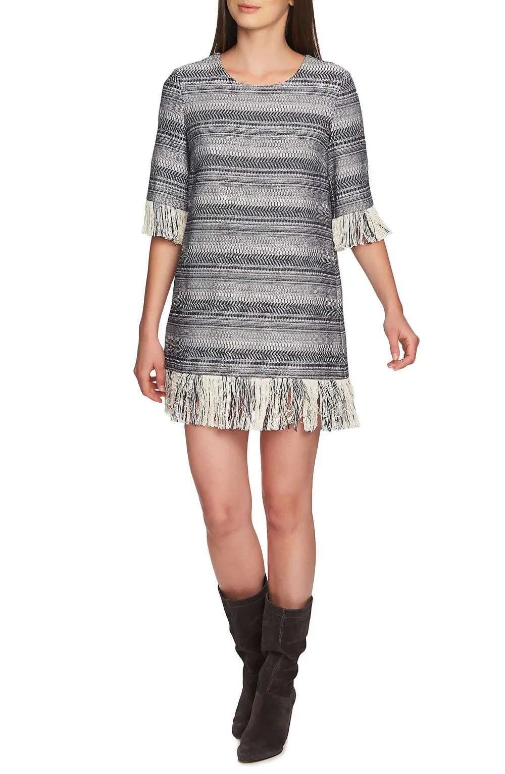 1. State Rustic Tweed Fringe Hem Dress