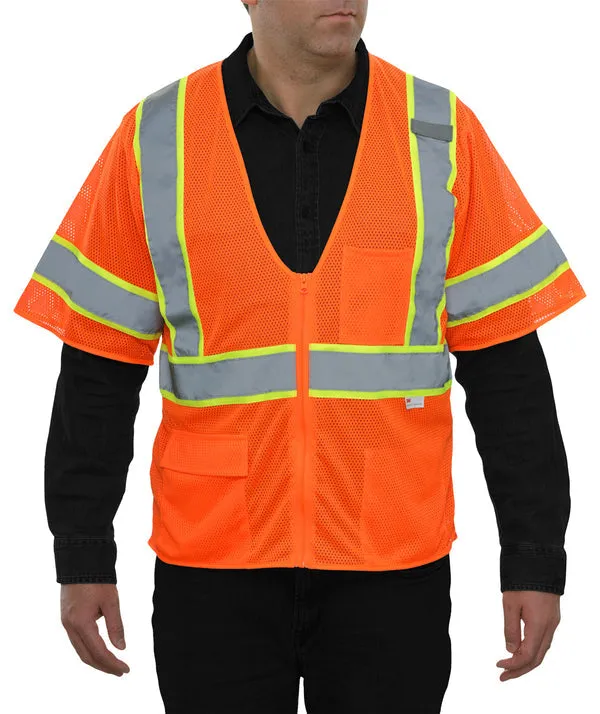 588ETOR Hi-Vis Orange Safety Vest: Mesh, Zip, ANSI 3