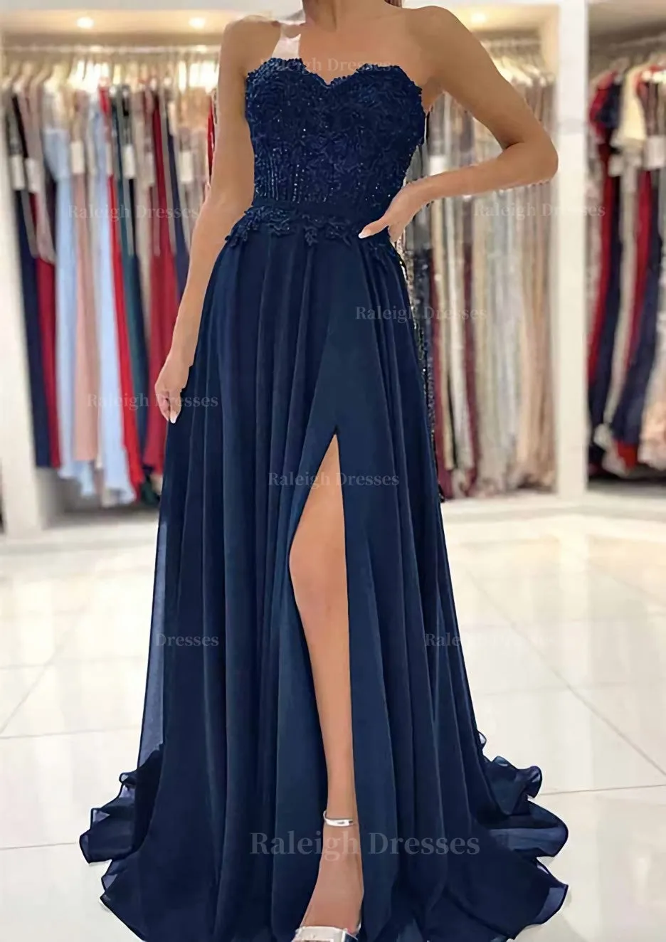 A-line Sweetheart Sweep Train Chiffon Prom Dress With Lace Beading Split