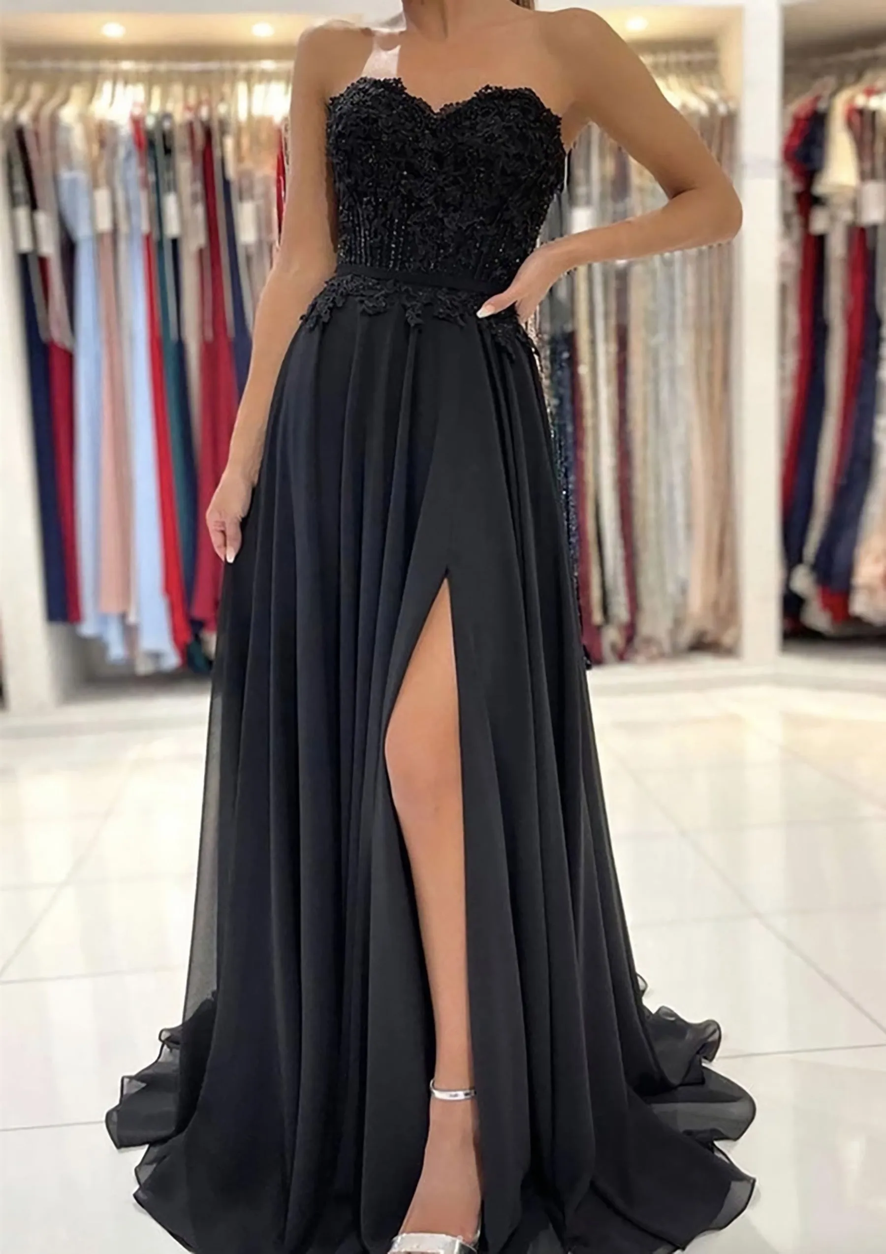 A-line Sweetheart Sweep Train Chiffon Prom Dress With Lace Beading Split