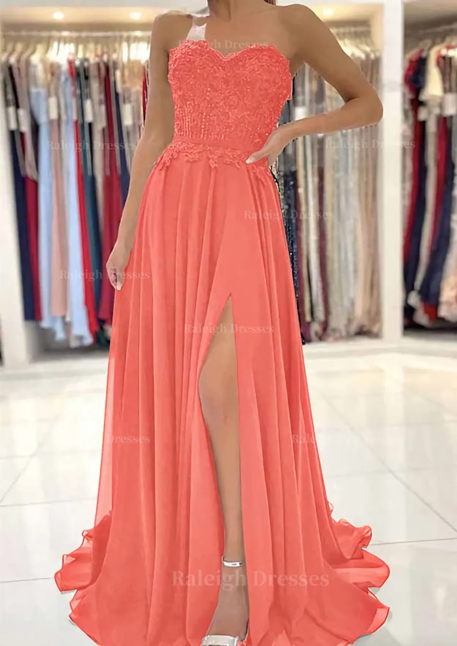 A-line Sweetheart Sweep Train Chiffon Prom Dress With Lace Beading Split