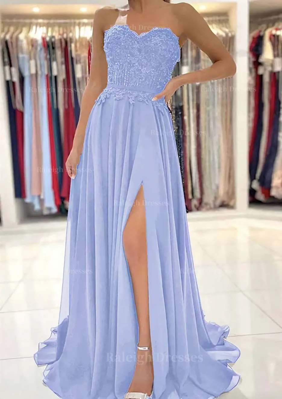 A-line Sweetheart Sweep Train Chiffon Prom Dress With Lace Beading Split