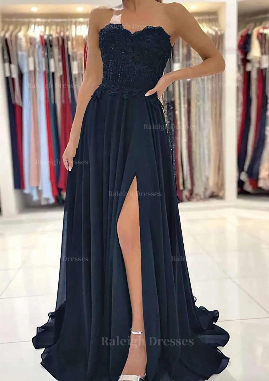 A-line Sweetheart Sweep Train Chiffon Prom Dress With Lace Beading Split