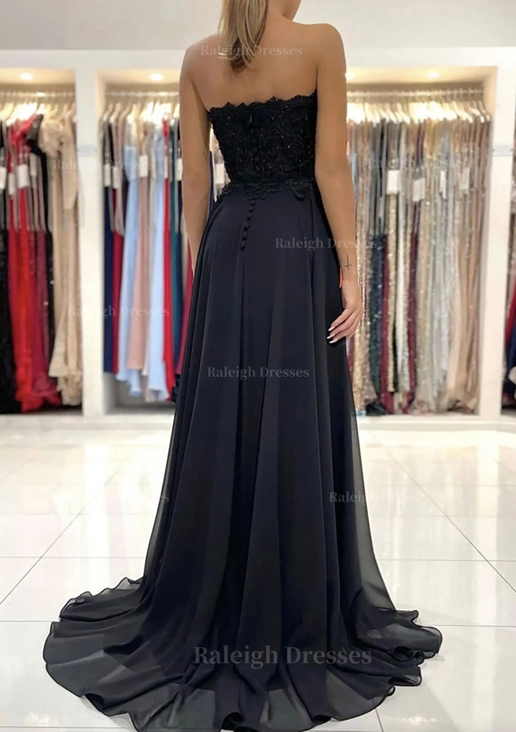 A-line Sweetheart Sweep Train Chiffon Prom Dress With Lace Beading Split