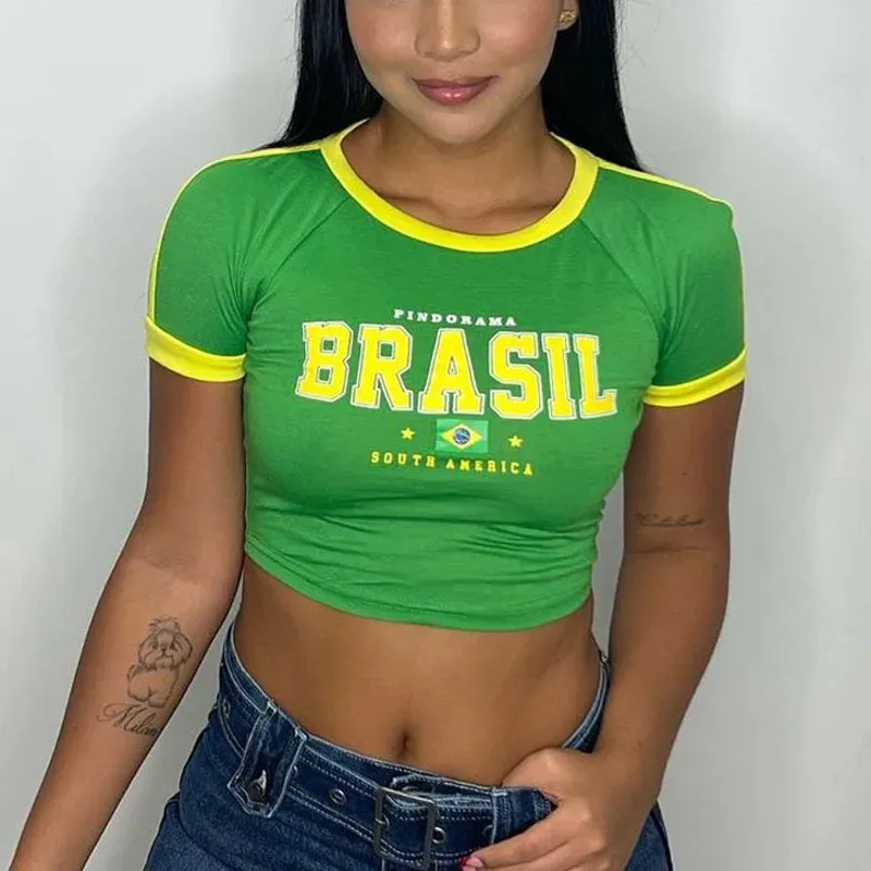 Advbridge-Hip-hop Harajuku Grunge Brazil Italia National Flag Text Print T-shirt Streetwear Y2k Crop Tops Summer Cozy Sexy Women Camisole