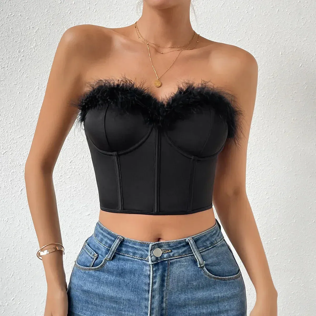 Advbridge-Women Feather Bustier Camisole Bare Shoulder Sleeveless Crop Tops Sexy Strapless Boned Corset Slim Lingerie Tank Top Streetwear