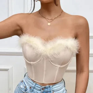 Advbridge-Women Feather Bustier Camisole Bare Shoulder Sleeveless Crop Tops Sexy Strapless Boned Corset Slim Lingerie Tank Top Streetwear