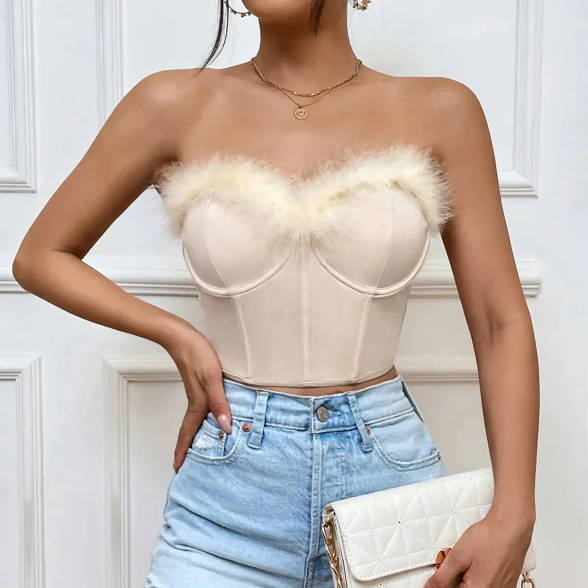 Advbridge-Women Feather Bustier Camisole Bare Shoulder Sleeveless Crop Tops Sexy Strapless Boned Corset Slim Lingerie Tank Top Streetwear