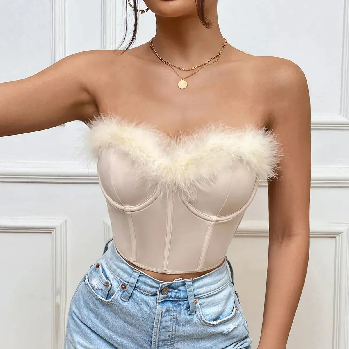 Advbridge-Women Feather Bustier Camisole Bare Shoulder Sleeveless Crop Tops Sexy Strapless Boned Corset Slim Lingerie Tank Top Streetwear