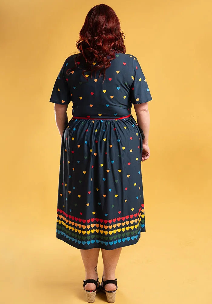 Alexis Navy Rainbow Heart Print Midi Dress