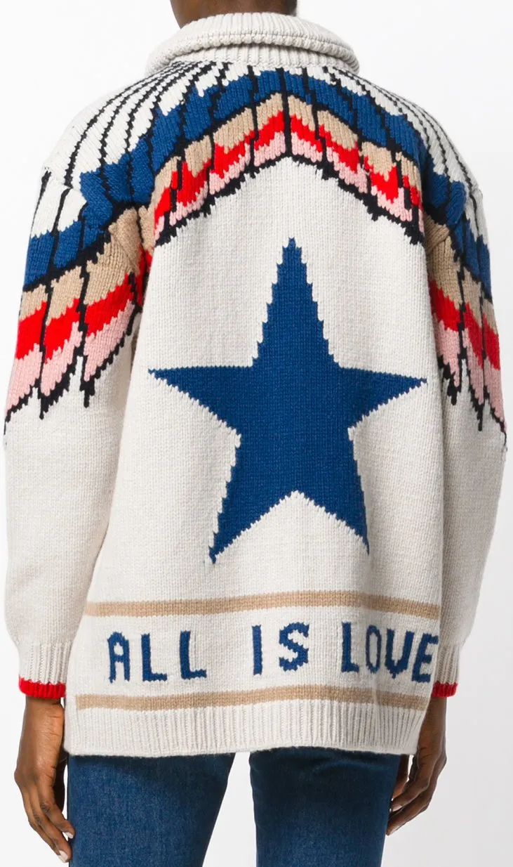 'All is Love' Feather Print Zipper Cardigan