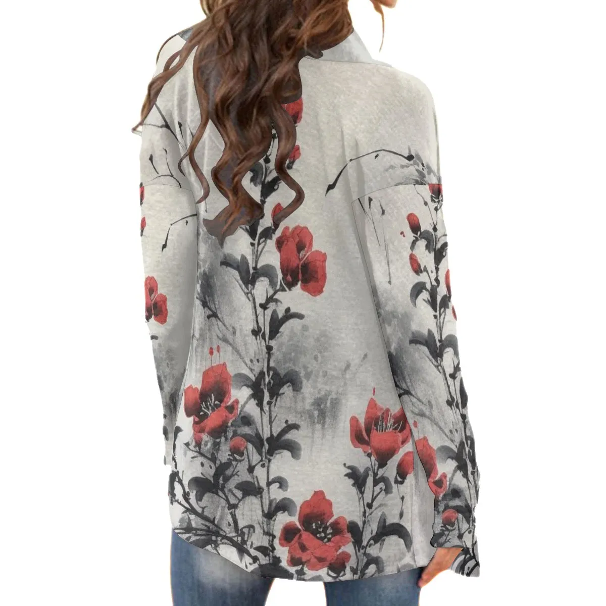 All-Over Print Women's Cardigan With Long Sleeve46 gray with flower print