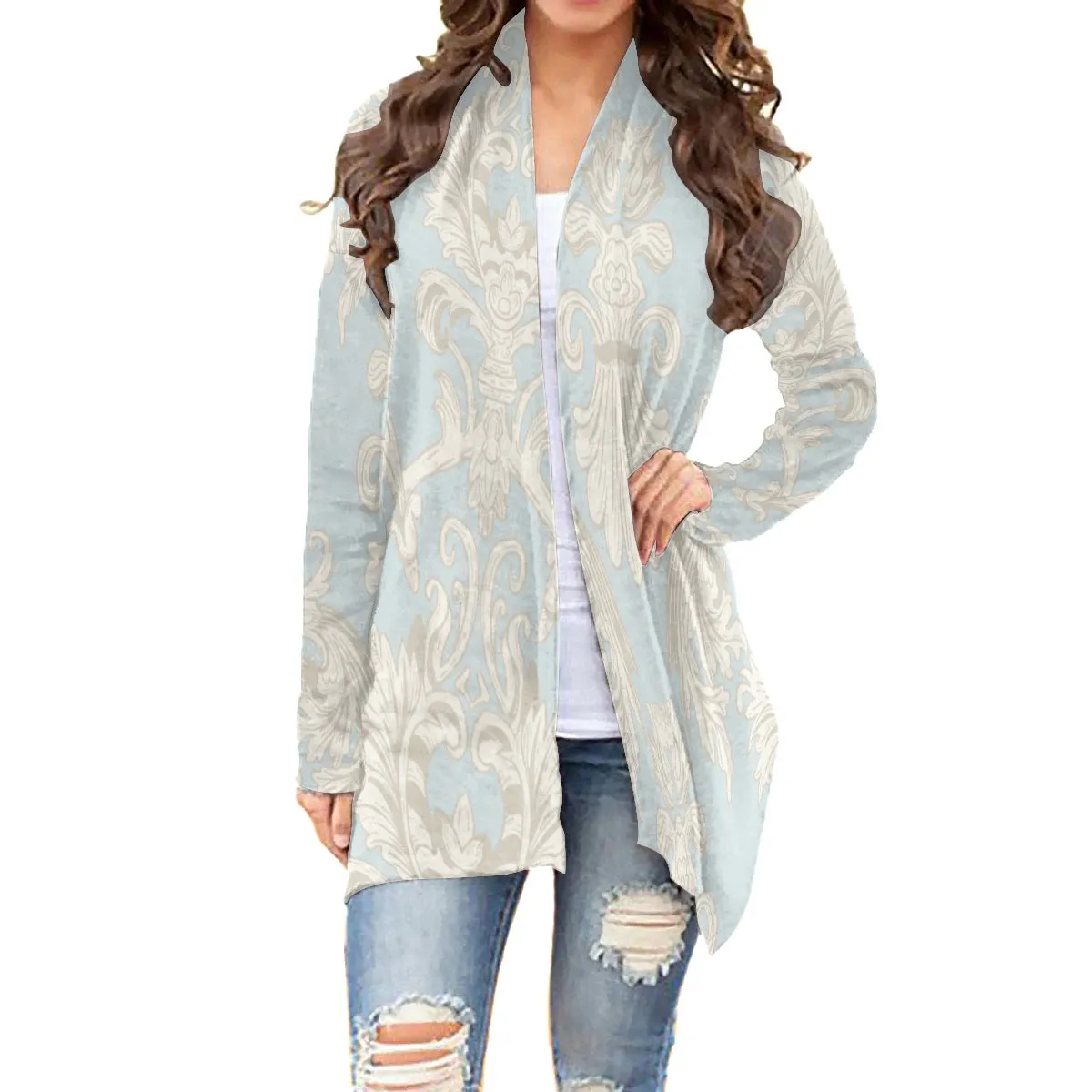 All-Over Print Women's Cardigan With Long Sleeve68 light blue with flower print