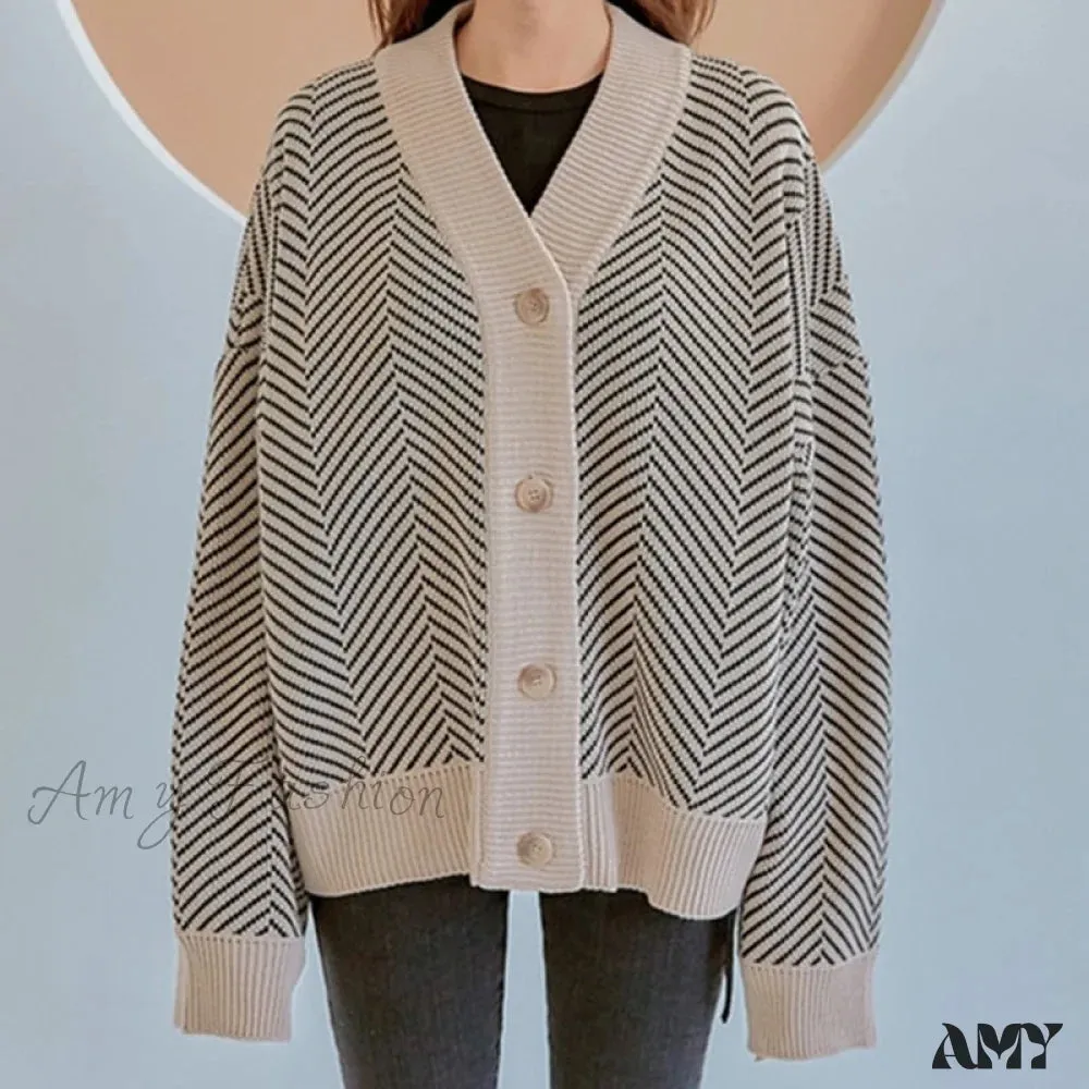 Amy Fashion - Casual Knitted Cardigan Oversize Button Front Contrast Stripe Cardigan