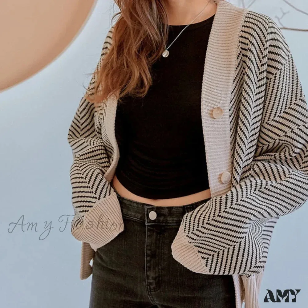 Amy Fashion - Casual Knitted Cardigan Oversize Button Front Contrast Stripe Cardigan