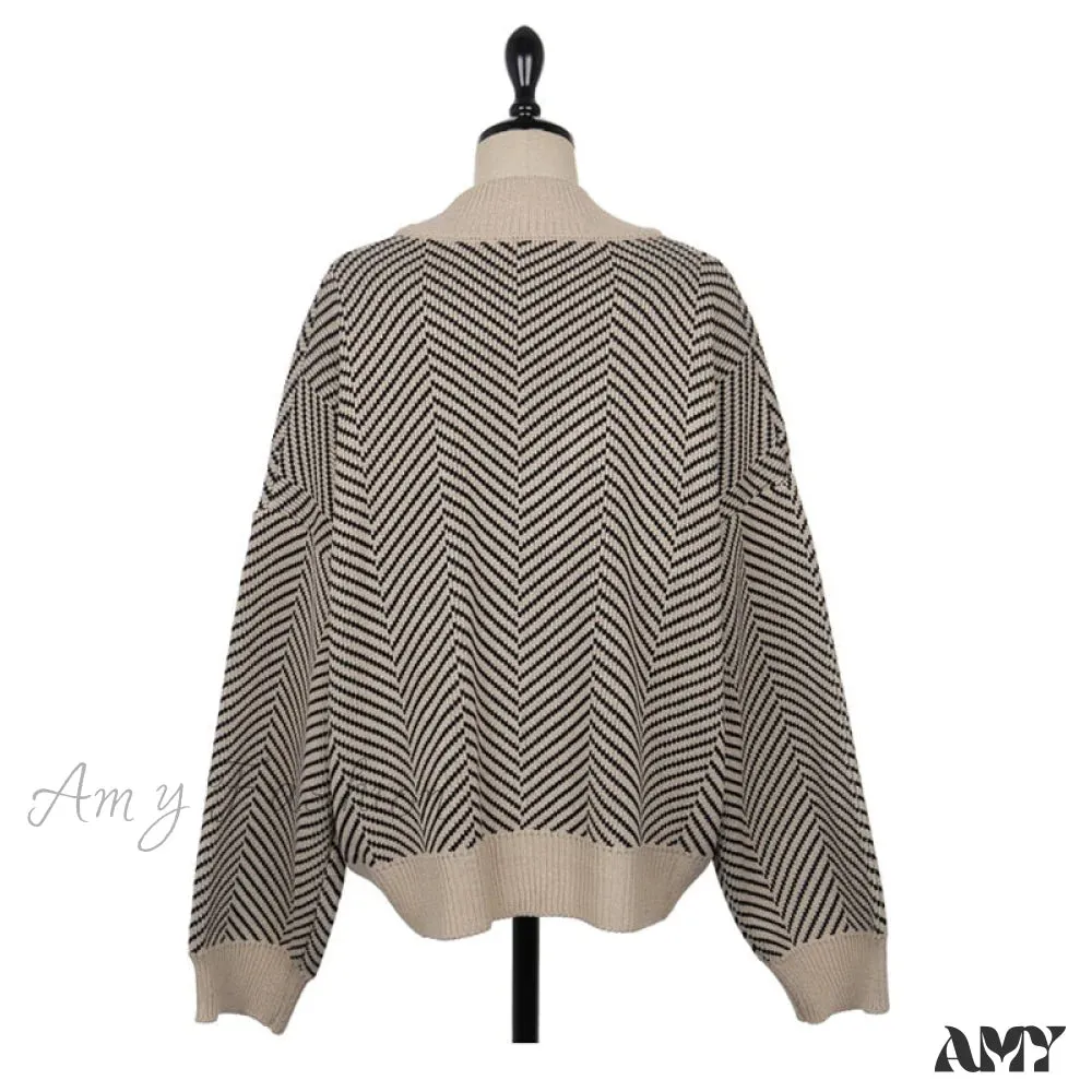 Amy Fashion - Casual Knitted Cardigan Oversize Button Front Contrast Stripe Cardigan