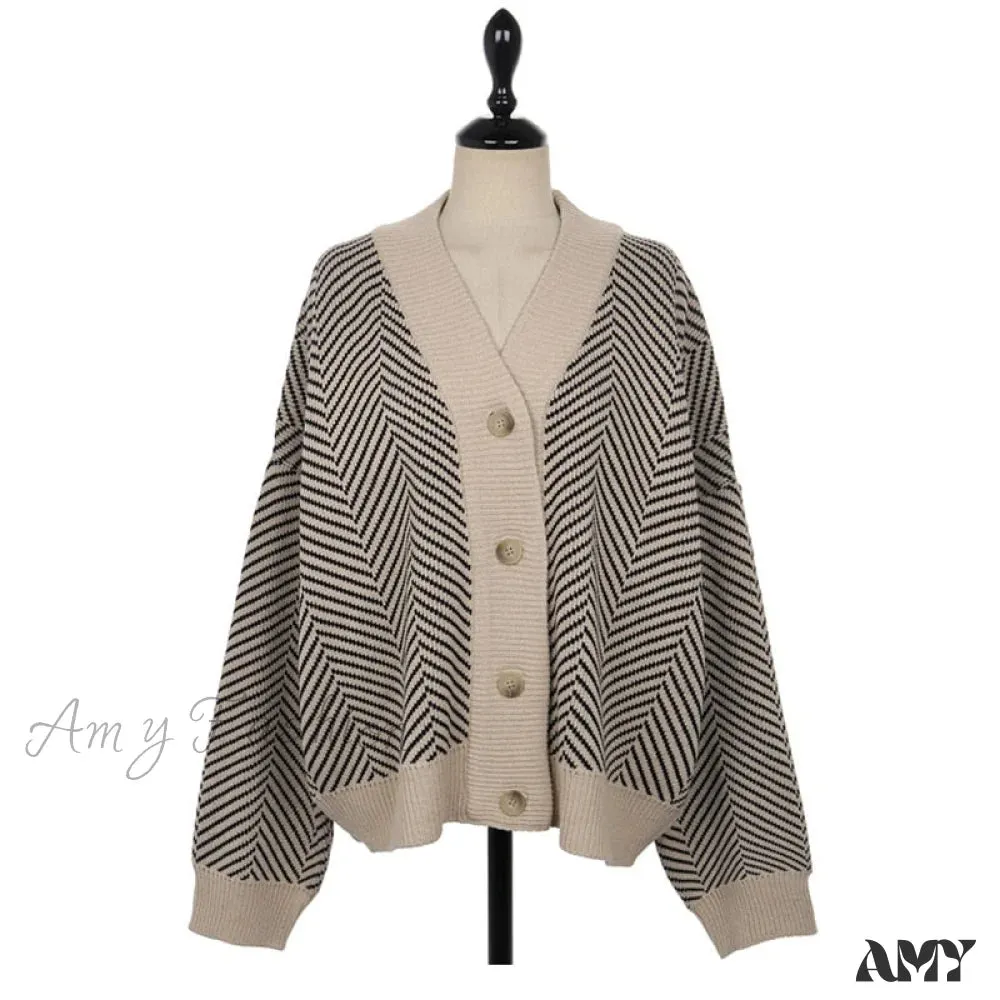 Amy Fashion - Casual Knitted Cardigan Oversize Button Front Contrast Stripe Cardigan