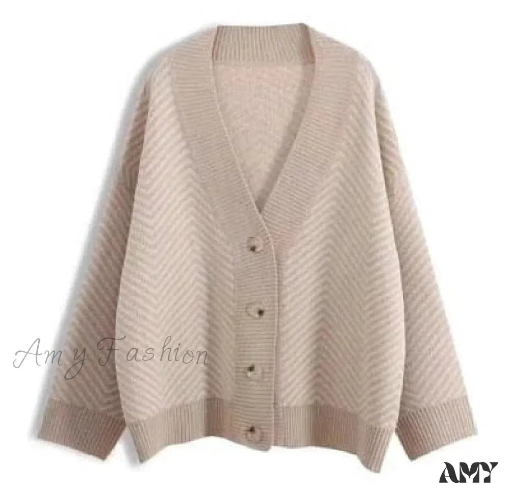 Amy Fashion - Casual Knitted Cardigan Oversize Button Front Contrast Stripe Cardigan