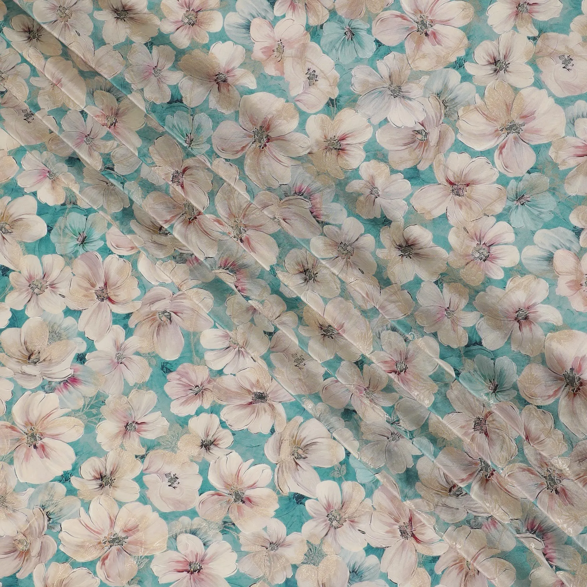 Aquatic Serenity Viscose Crepe Fabric - Soft Floral Print, Premium Indian Craftsmanship, 110cm Wide-D18723