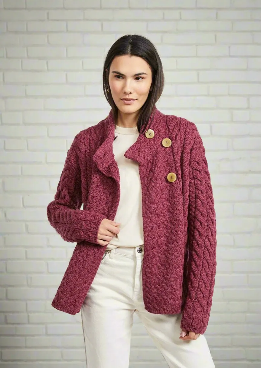 Aran 3 Buttons Trellis Cardigan | Raspberry