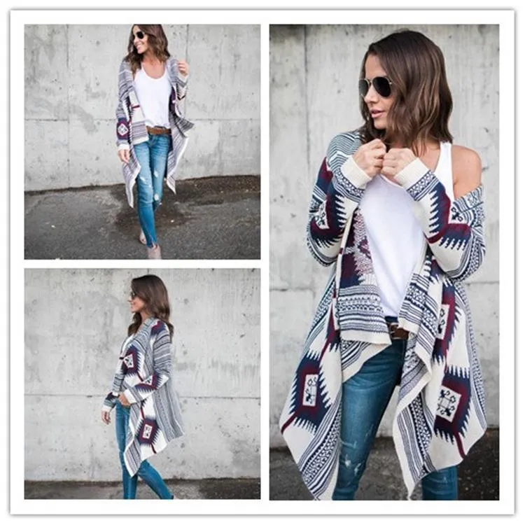 Autumn And Winter Geometric Pattern Long Sleeve Cardigan Coat