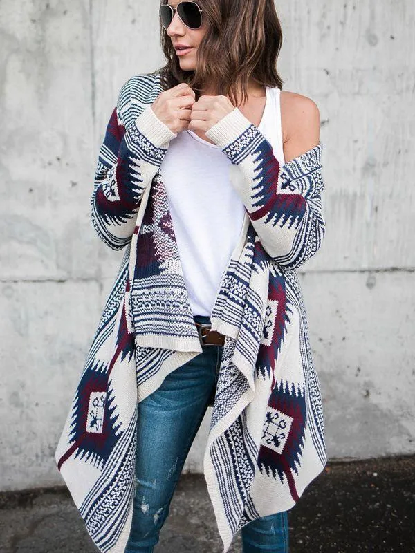 Autumn And Winter Geometric Pattern Long Sleeve Cardigan Coat