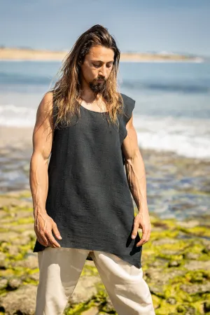 BALAKA Tank Top Black Tribal Sleeveless Shirt Ultra Thin Natural Cotton Breathable Loose Fit Festival Plant Based Dyed Muscle Shirt AJJAYA