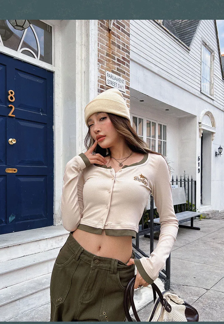 Beerbro B Star Patchwork Solid Color Long Sleeve Crop Top