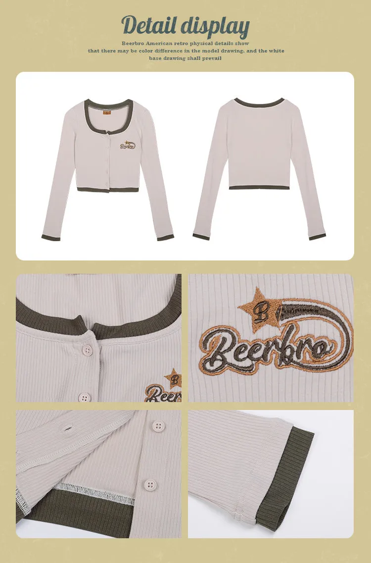 Beerbro B Star Patchwork Solid Color Long Sleeve Crop Top