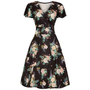 Black Floral Print Cap Sleeve Wrap Top Empire Waist Swing Dress