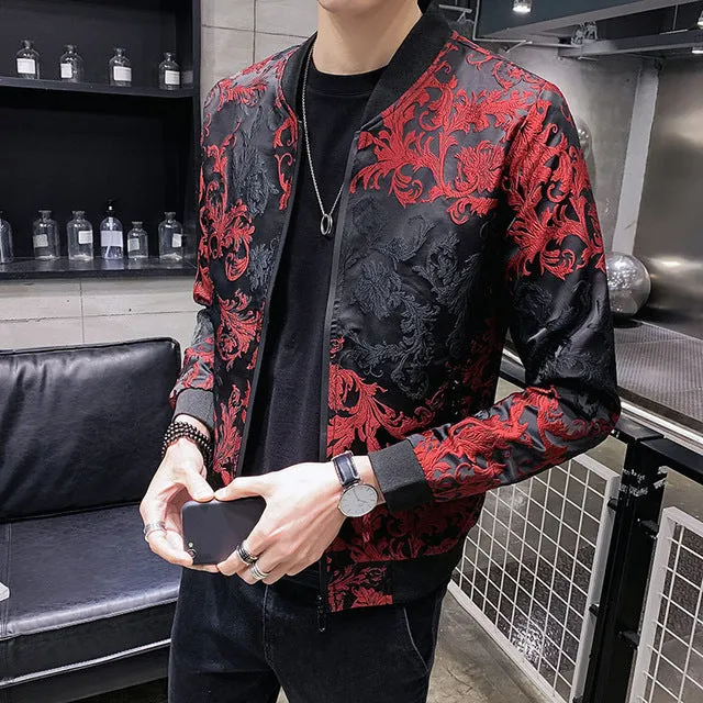 Black Red Jacquard Men Bomber Jacket Casual Streetwear