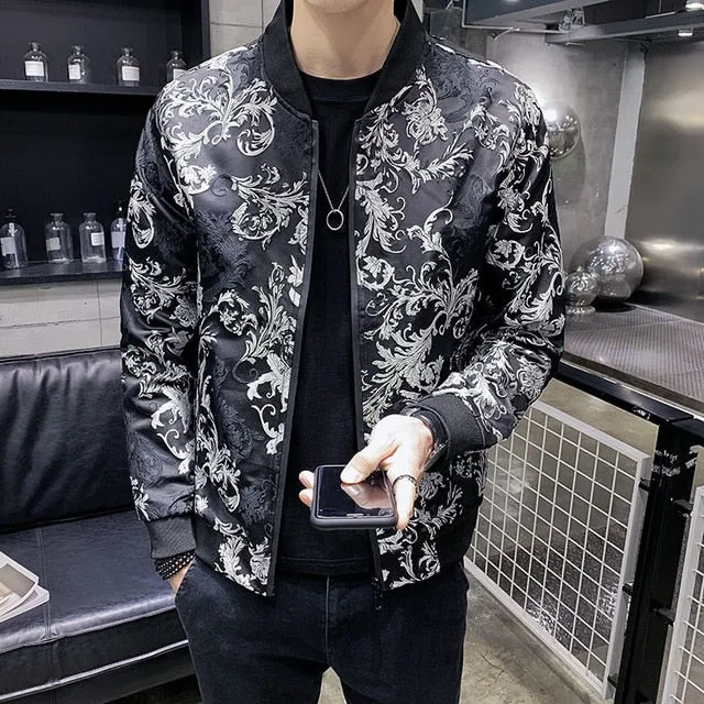 Black Red Jacquard Men Bomber Jacket Casual Streetwear