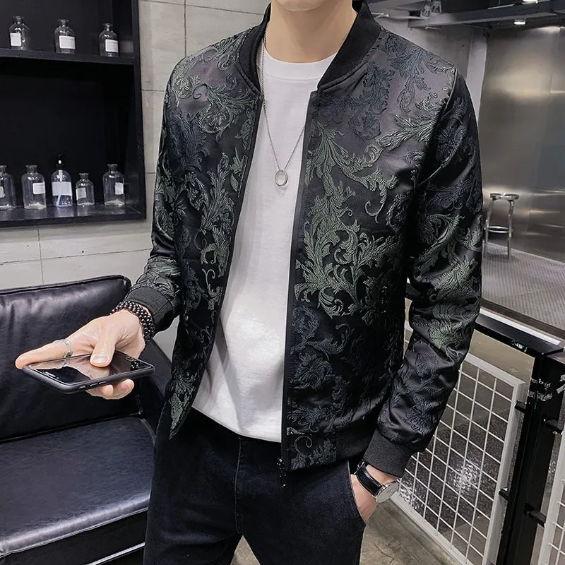 Black Red Jacquard Men Bomber Jacket Casual Streetwear