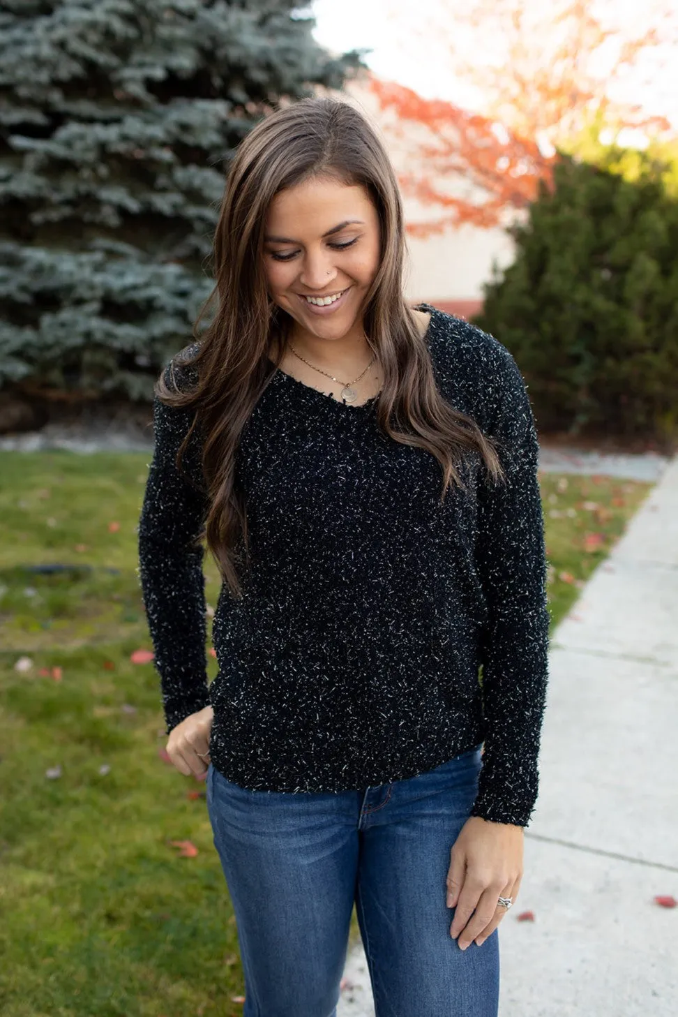 Black Tinsel Vneck Knit Sweater