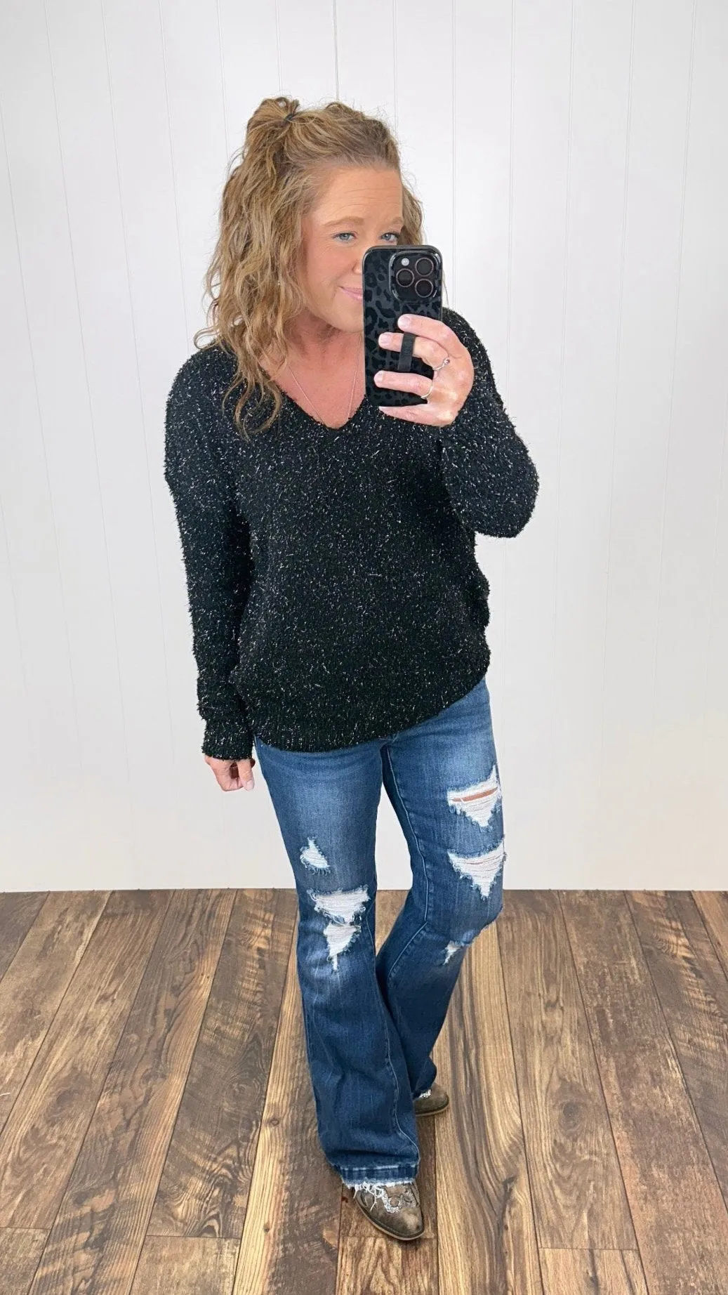 Black Tinsel Vneck Knit Sweater