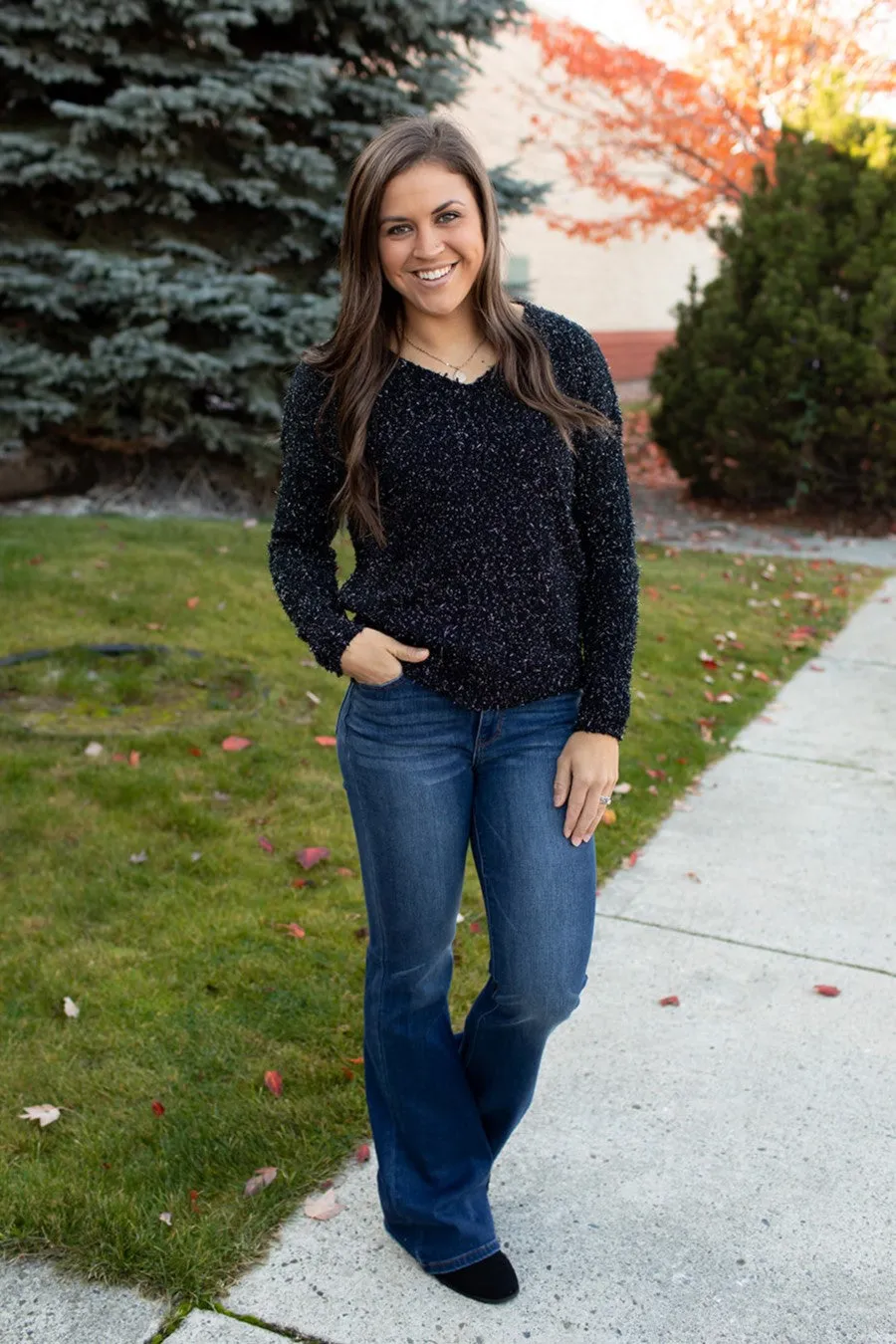 Black Tinsel Vneck Knit Sweater