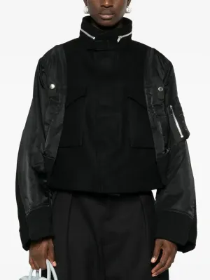 Black Zip-Collar Contrast-Panel Felt and Shell Jacket