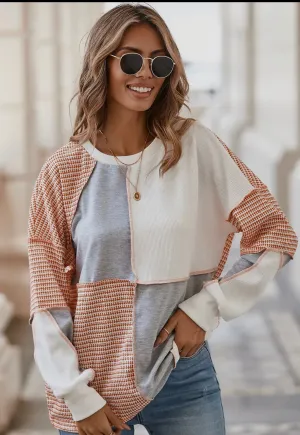 Blouse - Multicolor Exposed Seam Colorblock Oversized Knit Top