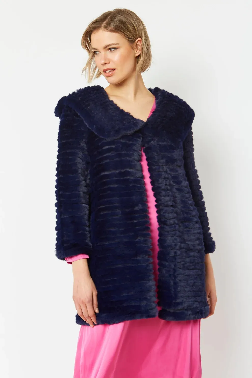 Blue Faux Mink Fur Hooded Coat