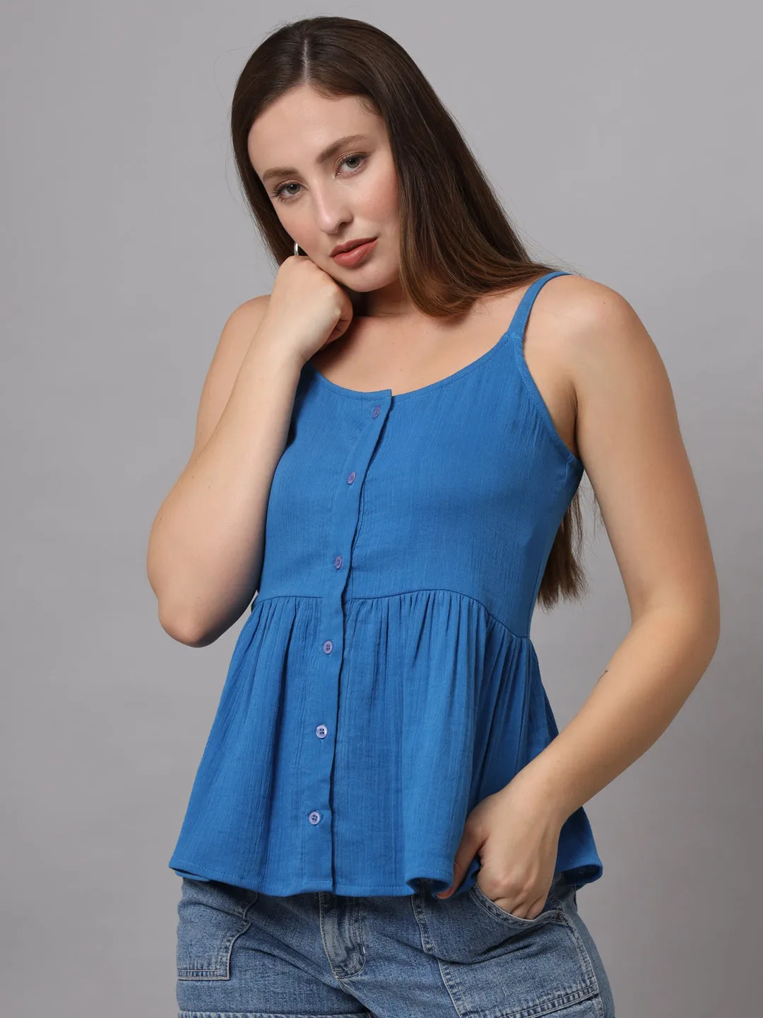 Blue Solid Cotton Peplum Top