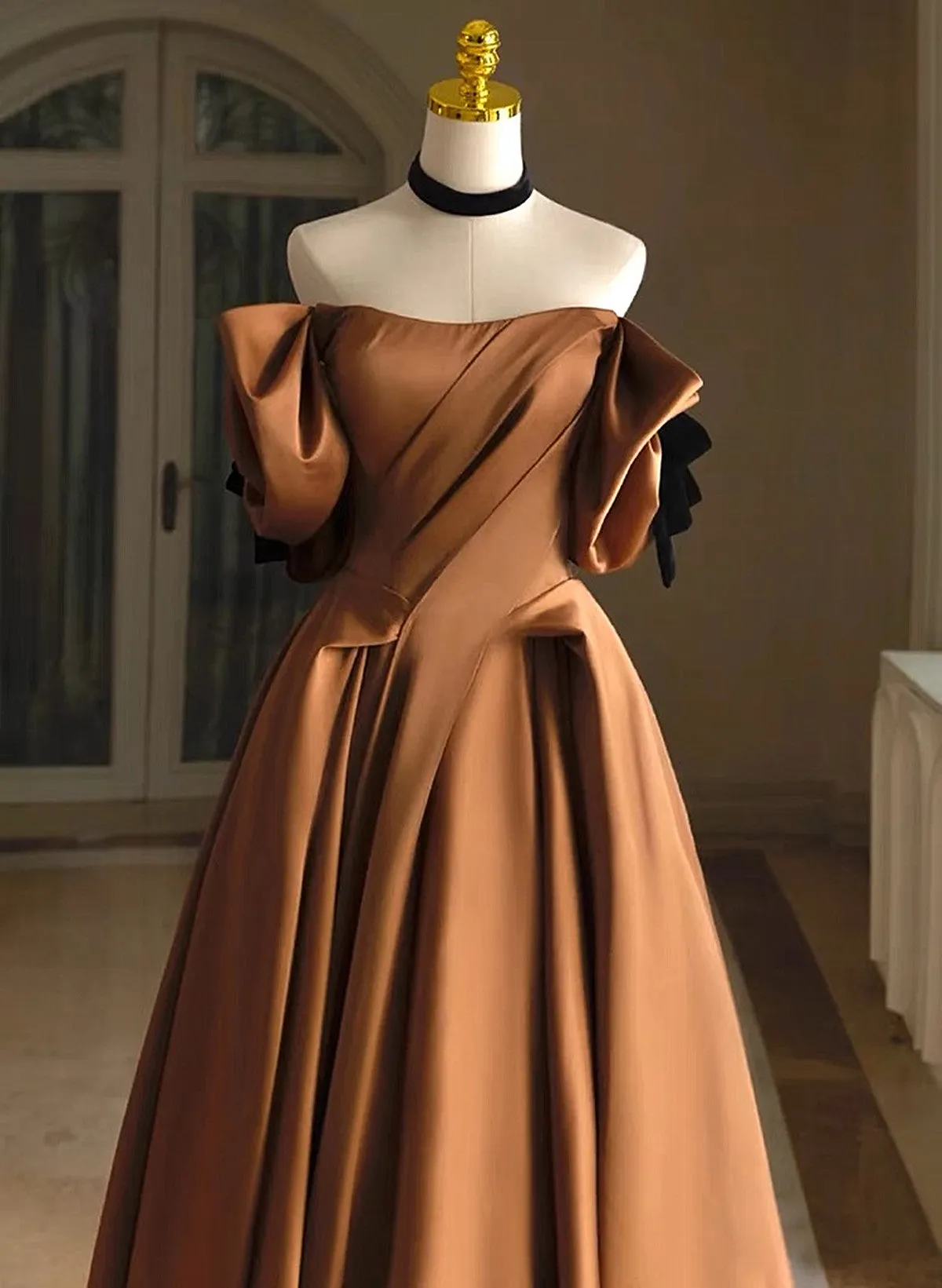 Brown Satin A-line Long Evening Dress, Brown Satin Off Shoulder Party Dress Prom Dress