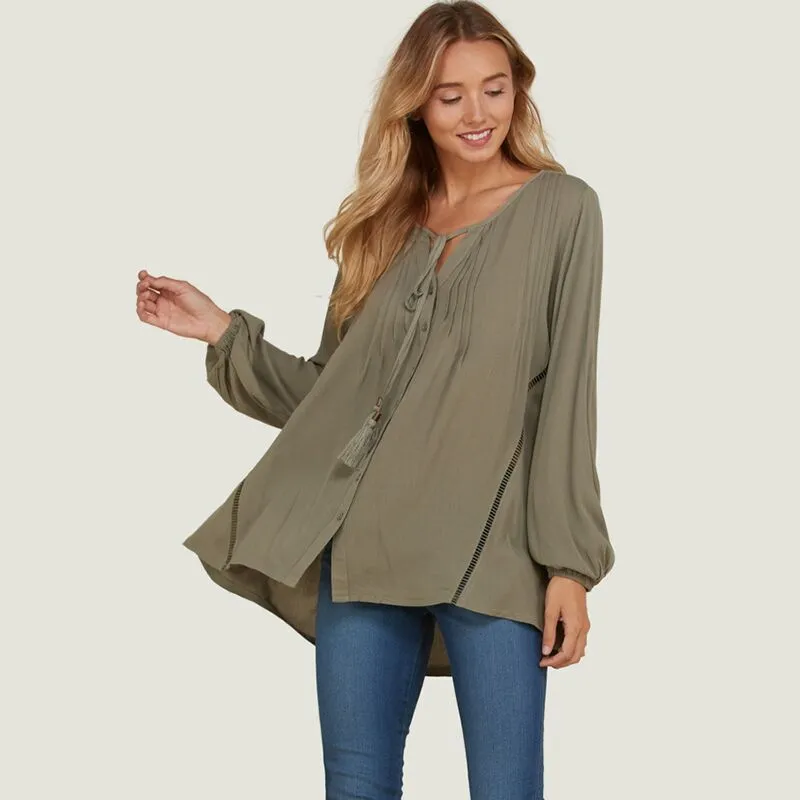 Button Down Tassel Tie Blouse Khaki