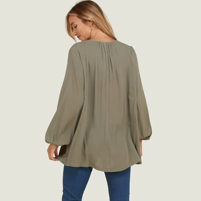 Button Down Tassel Tie Blouse Khaki