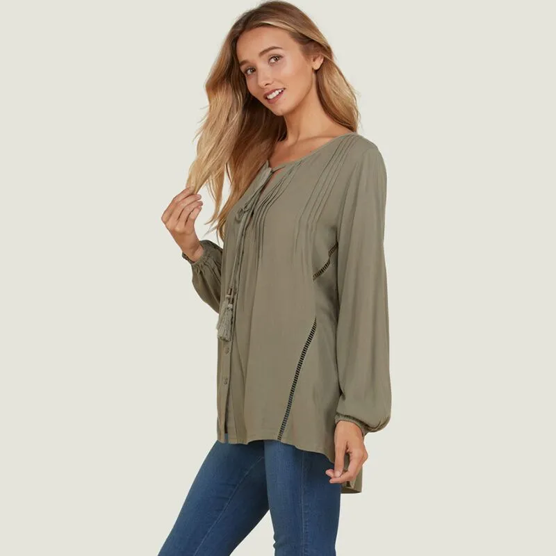 Button Down Tassel Tie Blouse Khaki