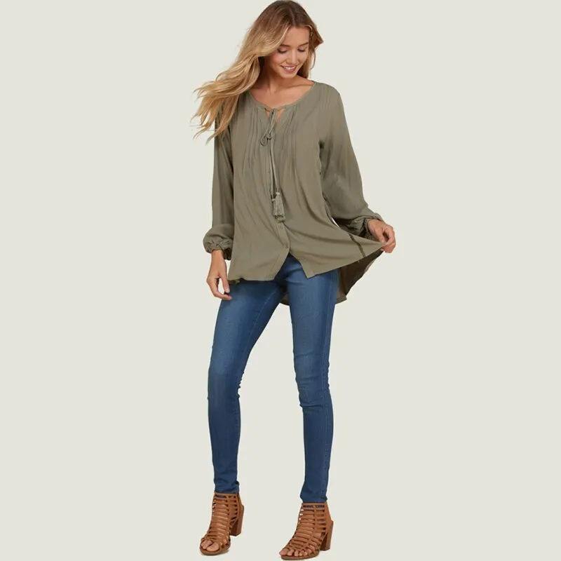 Button Down Tassel Tie Blouse Khaki