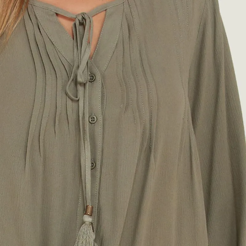 Button Down Tassel Tie Blouse Khaki