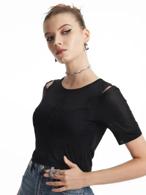 Casual Plain Sheer Cut Out Tee 2pcs