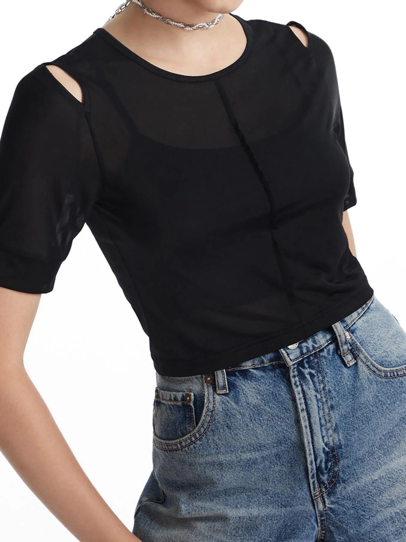 Casual Plain Sheer Cut Out Tee 2pcs