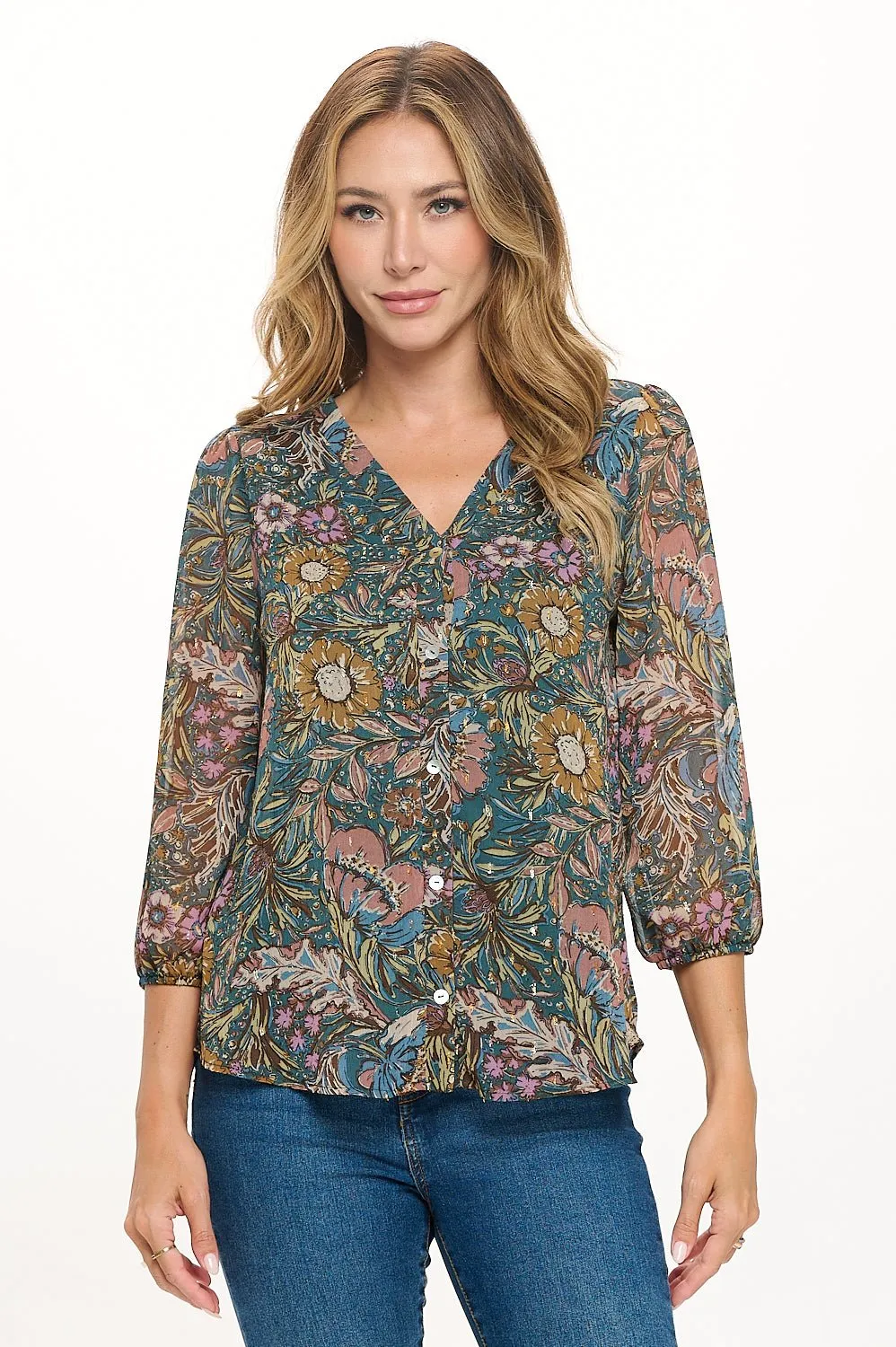 Catalina Three Quarter Sleeve V-Neck Faux-button Front Blouse