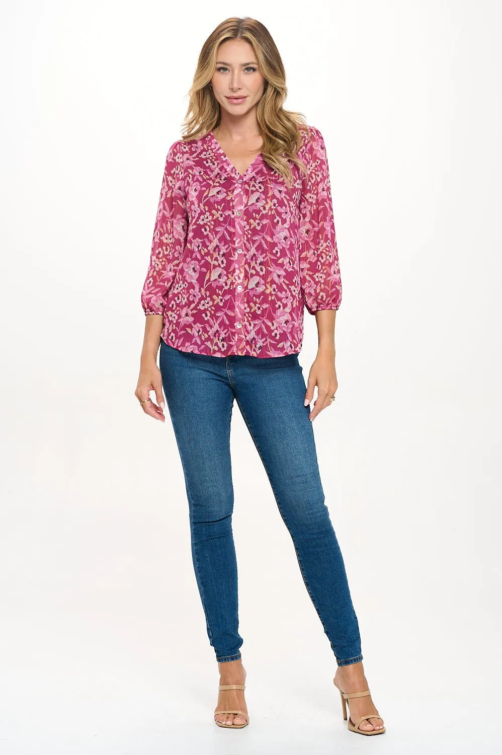 Catalina Three Quarter Sleeve V-Neck Faux-button Front Blouse